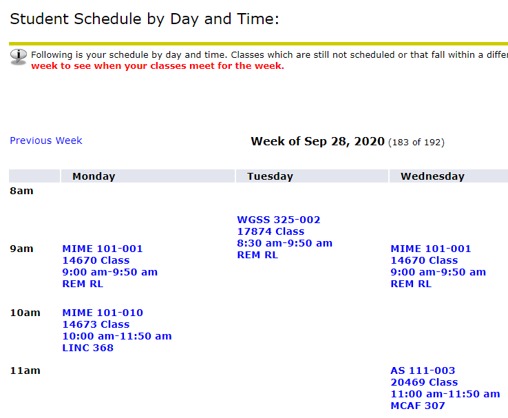 schedule by day and time