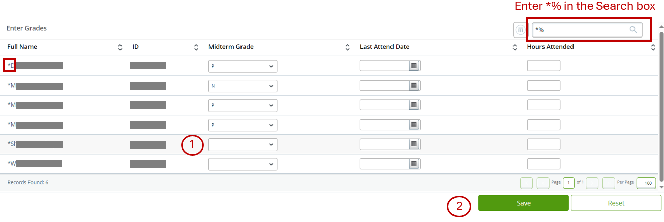 screenshot of Enter Grades Midterm Grade box
