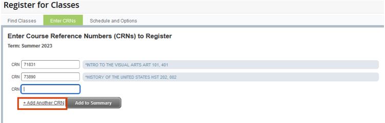 screen image of registering for classes