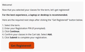 screen image of registering for classes