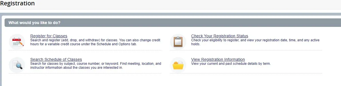 Registration screen showing the four links with the top right being Check your registration status.