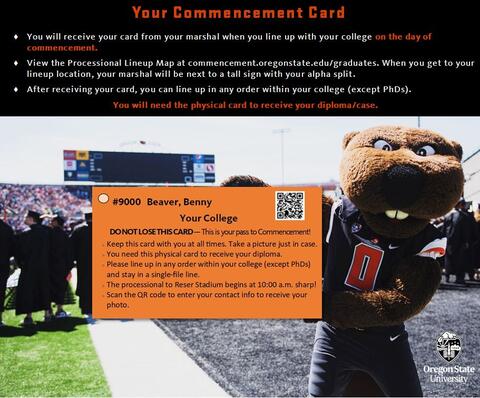 Benny holding an example of a commencement card on the field at commencement