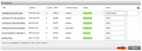 screen image of dropping classes