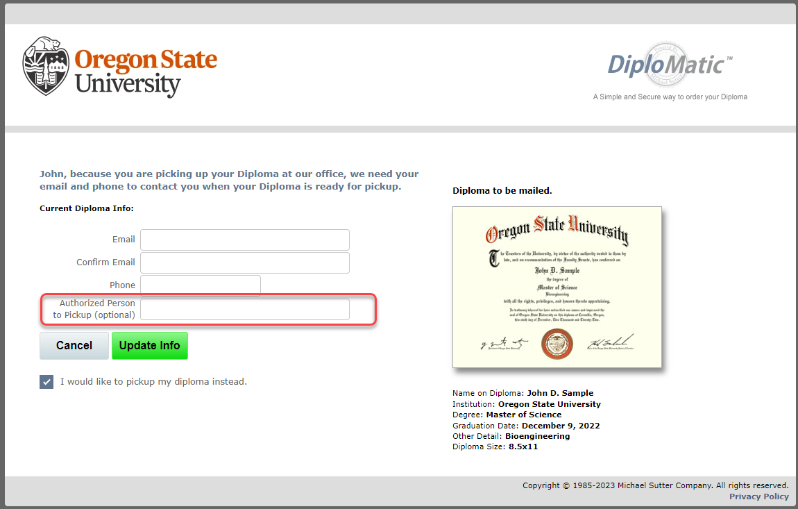 screenshot of diploma ordering form showing authorized third party